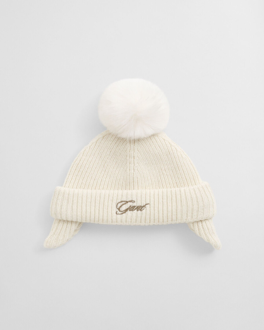 baby ear flaps pom pom beanie - cream