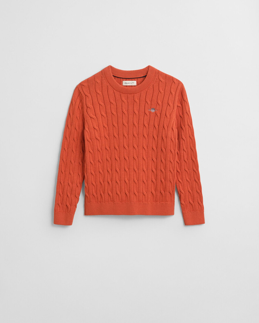 kids shield cotton cable knit crew neck sweater - deep orange