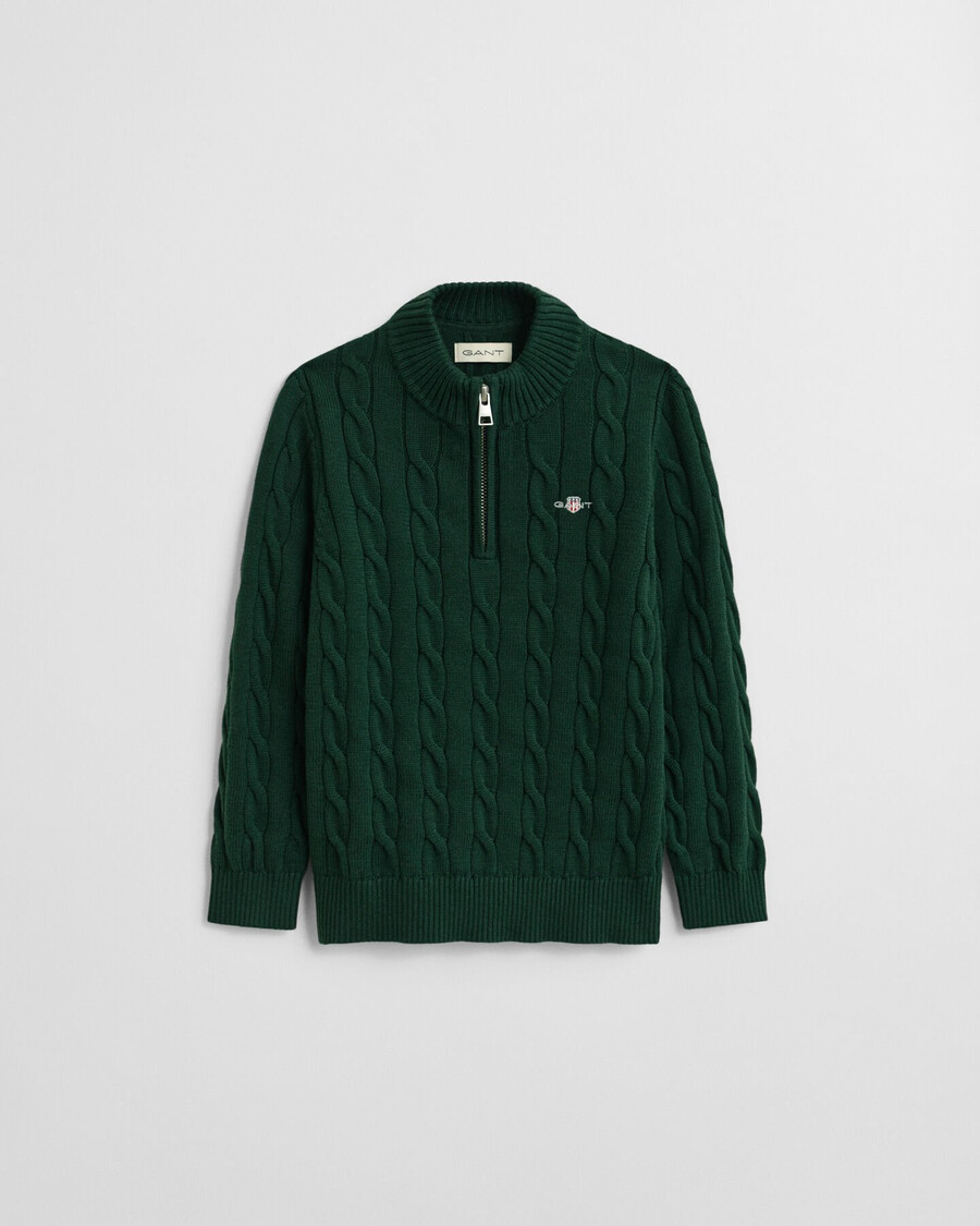 kids cotton cable halfzip sweater - tartan green