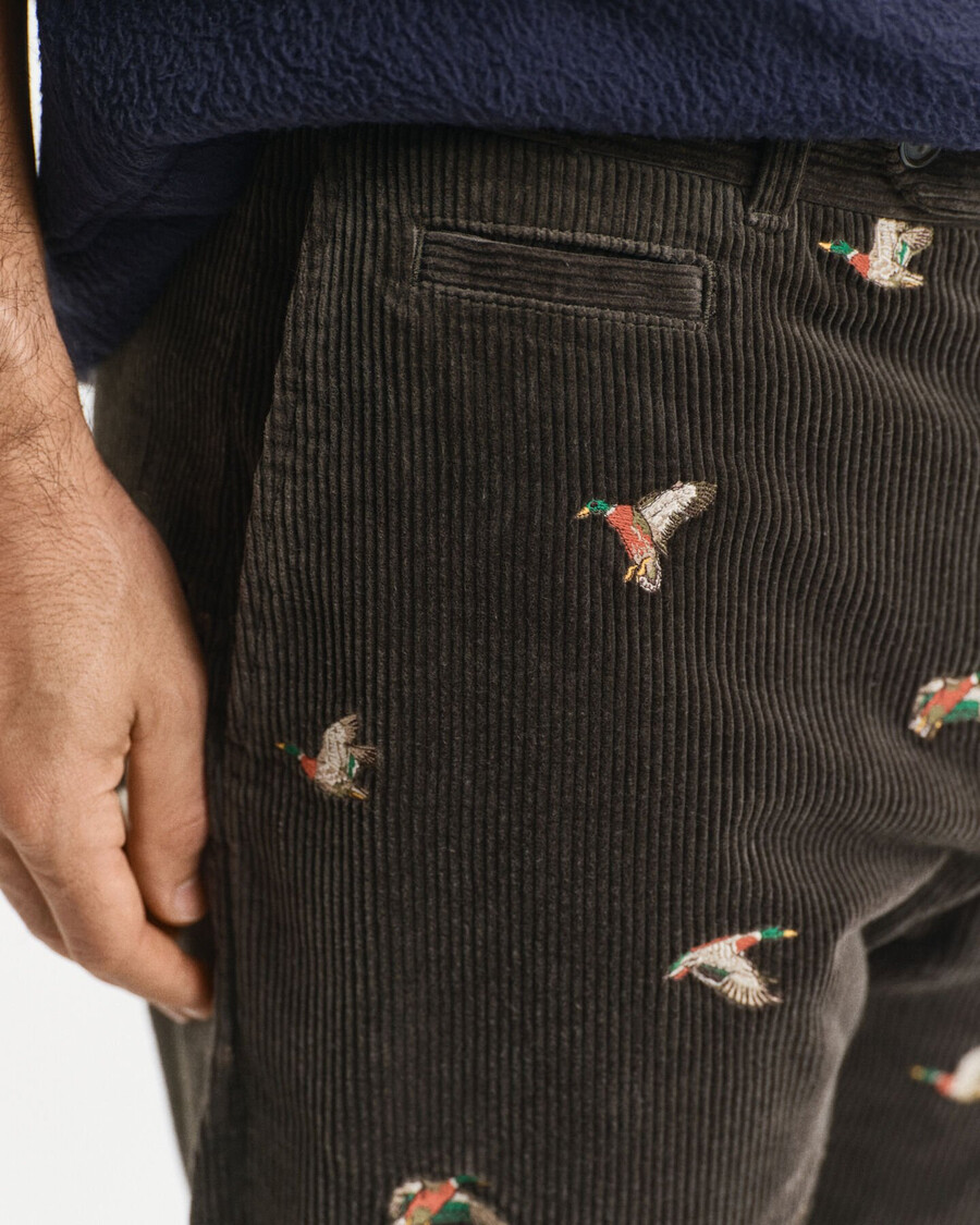 straight fit embroidered corduroy pants - dark moss green