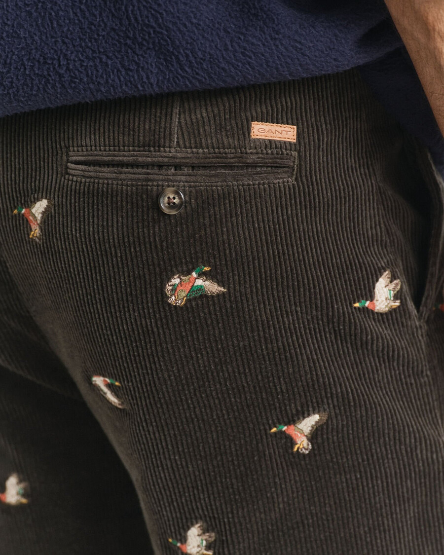 straight fit embroidered corduroy pants - dark moss green