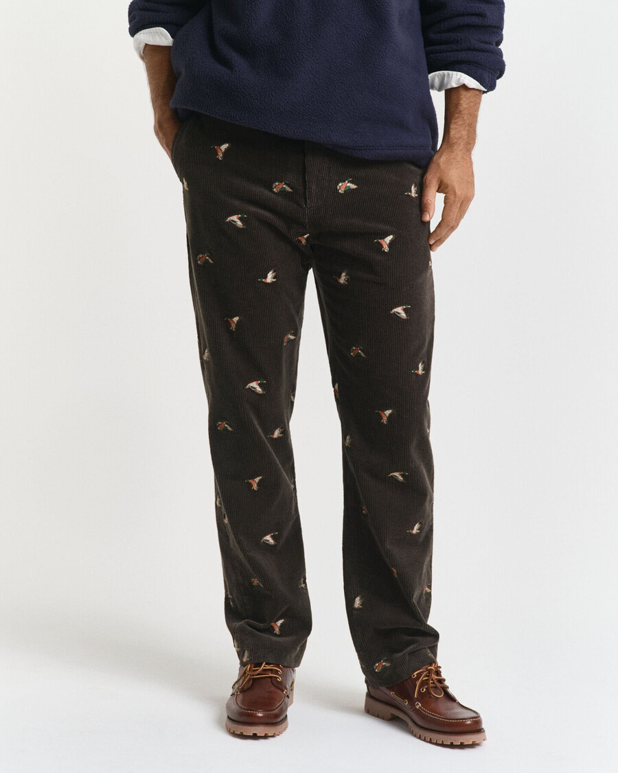 straight fit embroidered corduroy pants - dark moss green