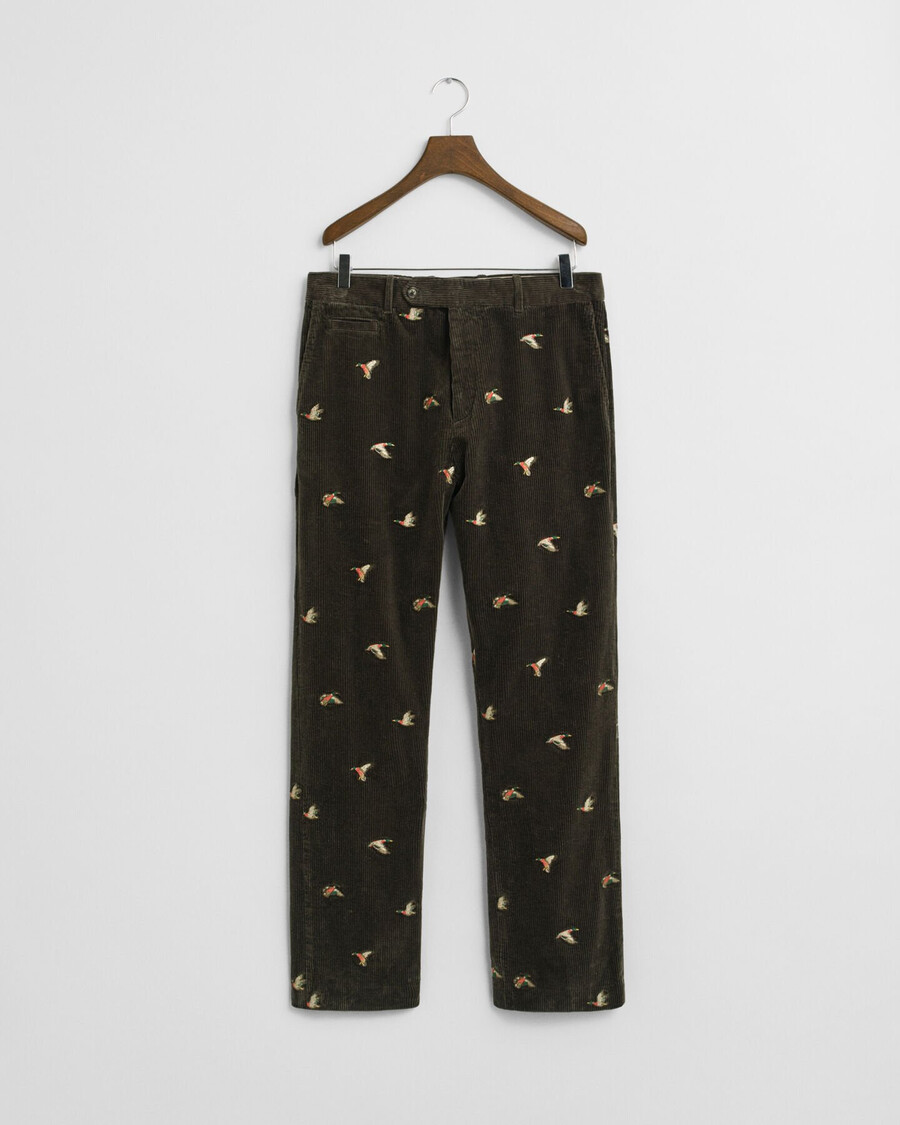 straight fit embroidered corduroy pants - dark moss green