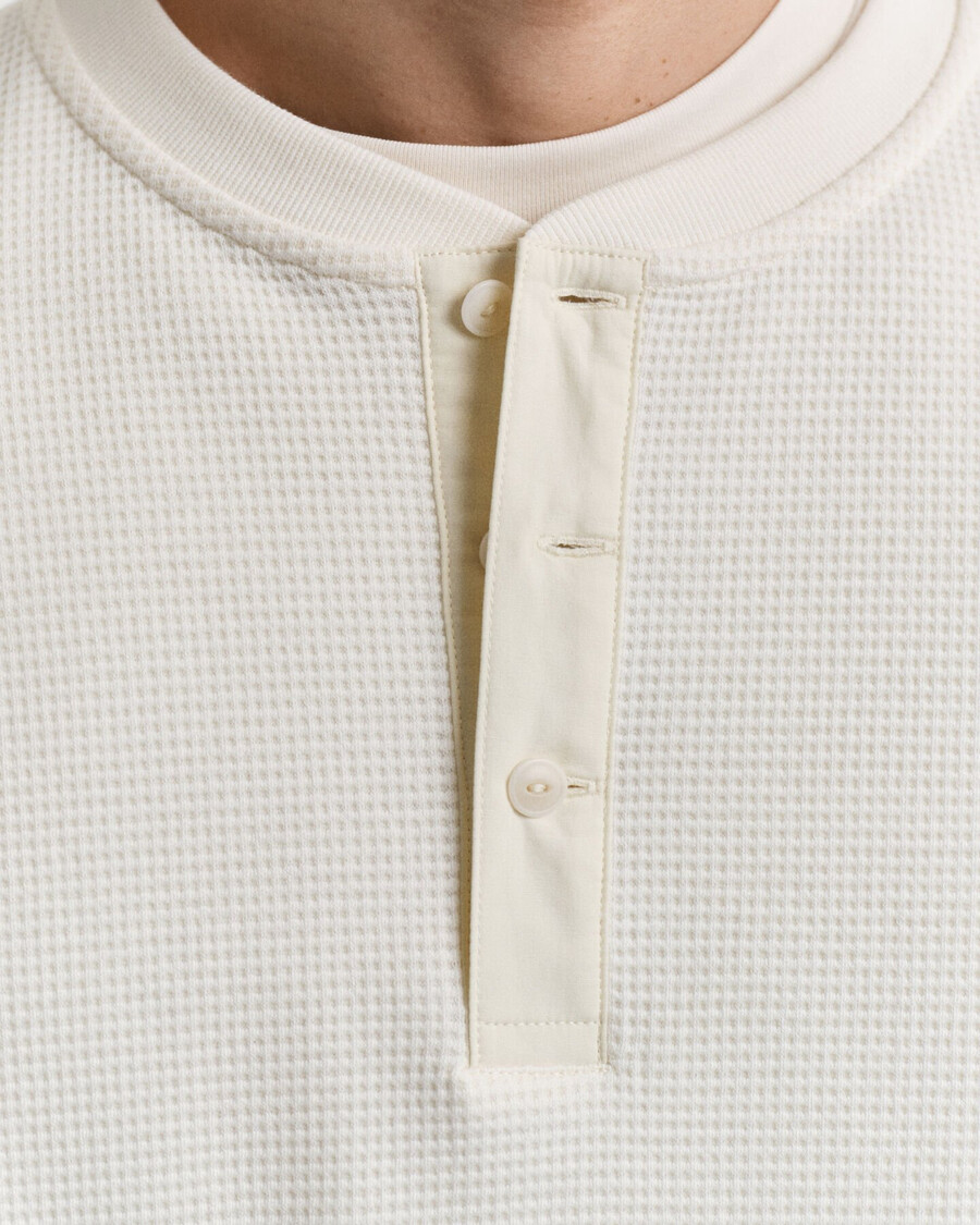 waffle textured long sleeve henley tshirt - cream