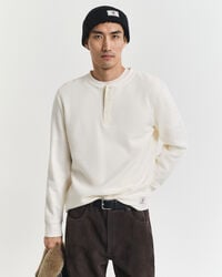 waffle textured long sleeve henley tshirt - cream