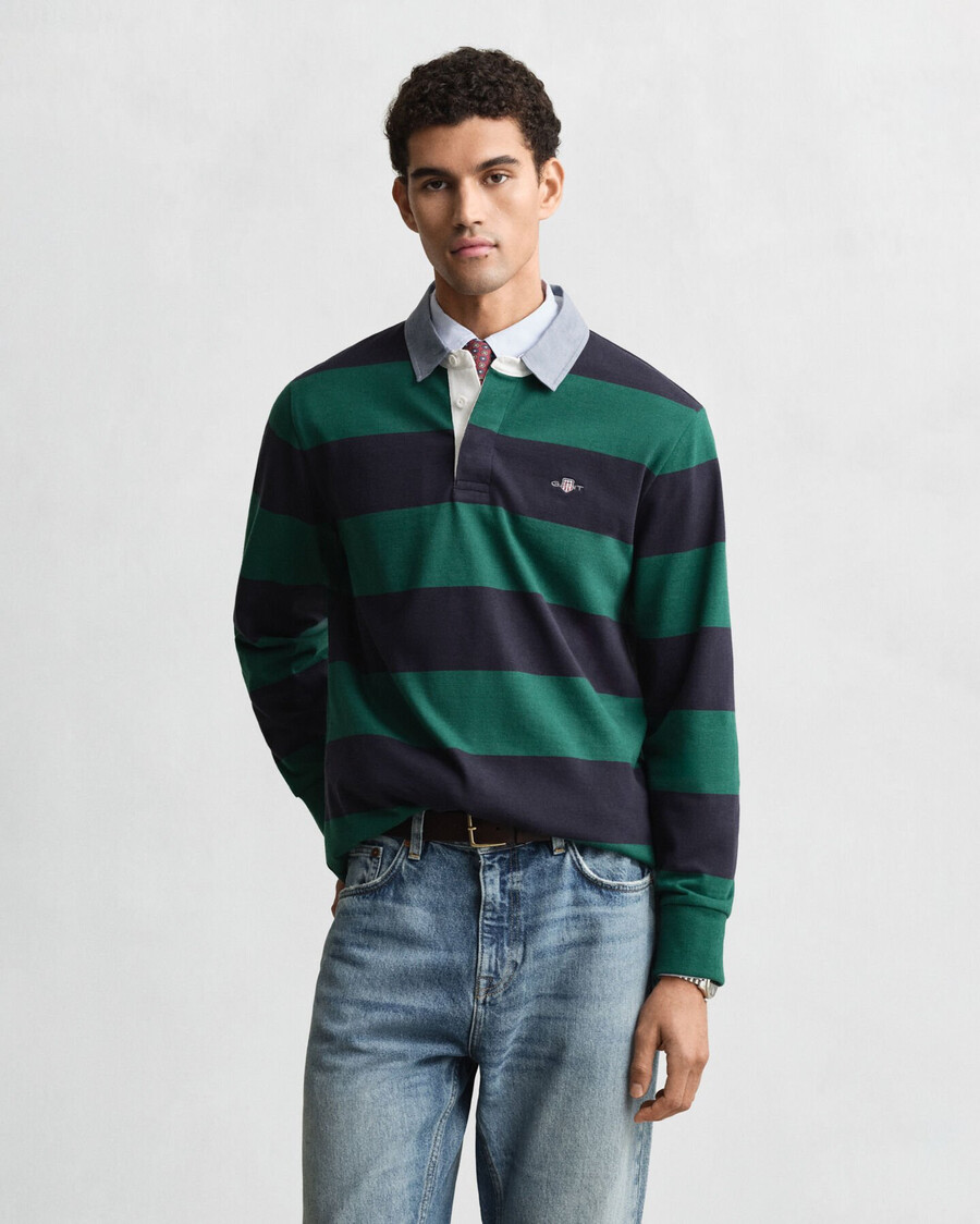 chambray collar striped heavy rugger - deep forest green