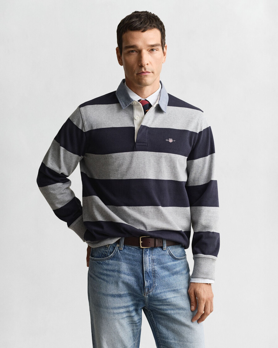 chambray collar striped heavy rugger - grey melange