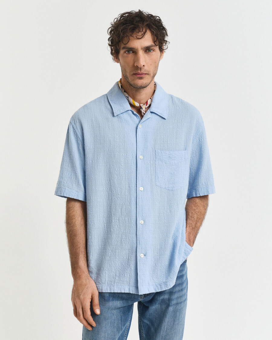 relaxed fit textured short sleeve shirt - capri blue