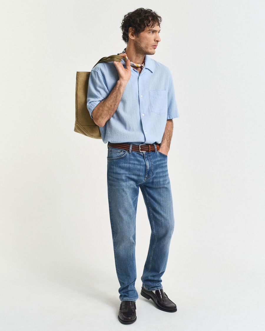 relaxed fit textured short sleeve shirt - capri blue