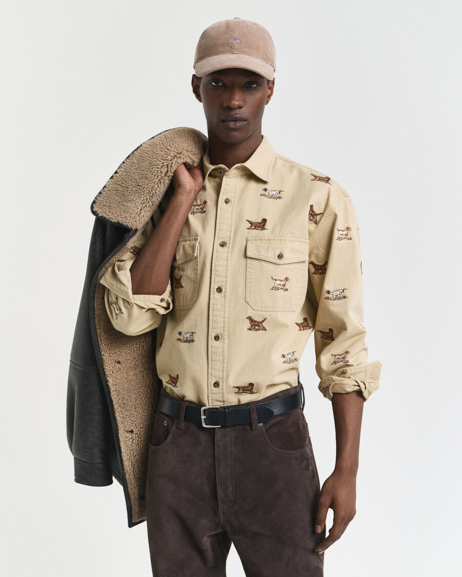 relaxed fit embroidered twill shirt - oak beige
