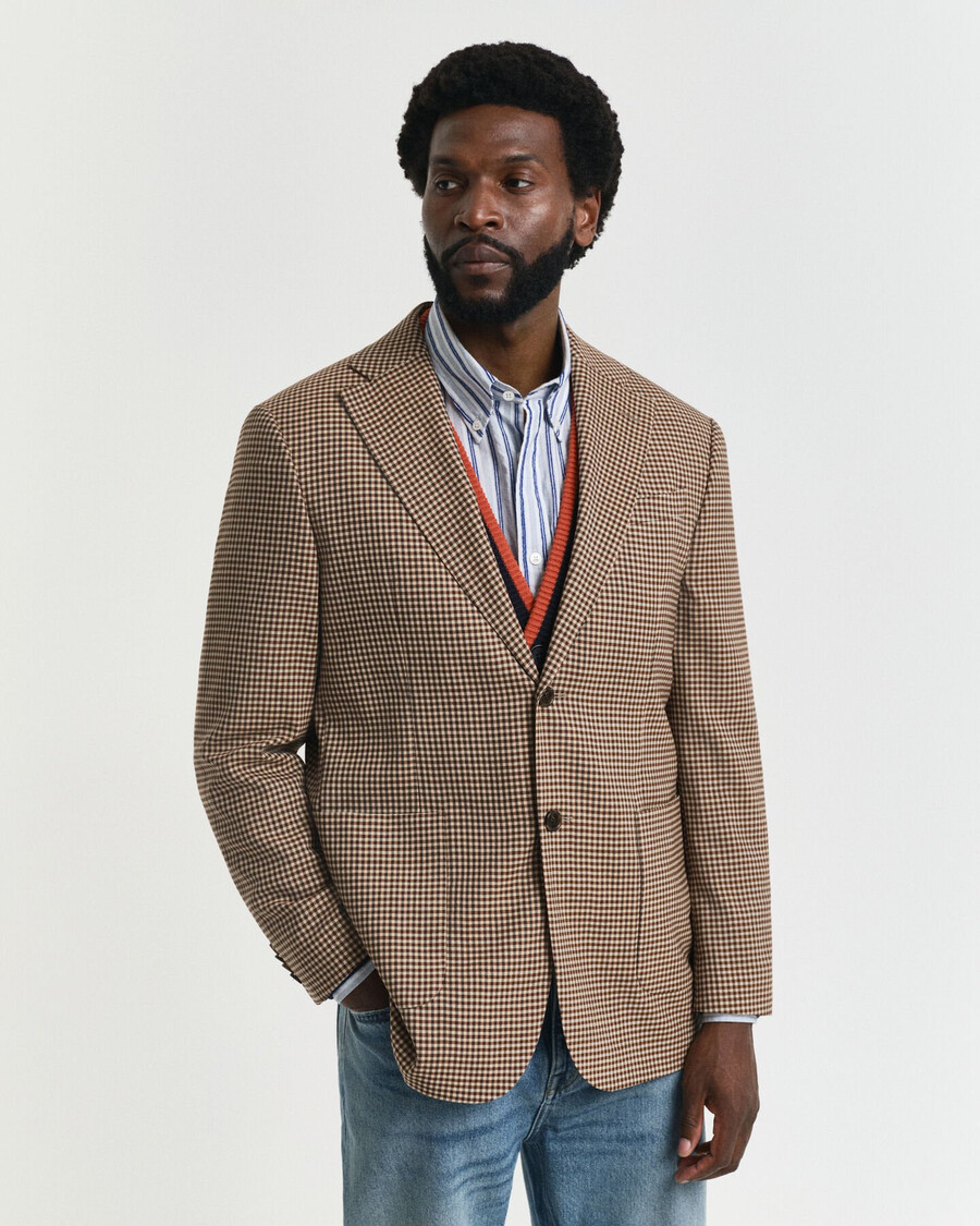relaxed fit gingham checked blazer - chocolate brown
