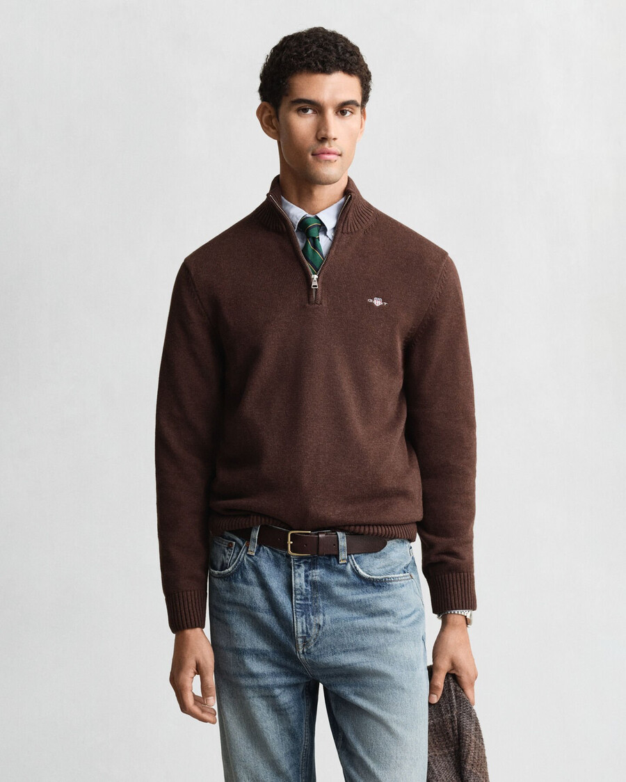 casual cotton halfzip sweater - brown melange
