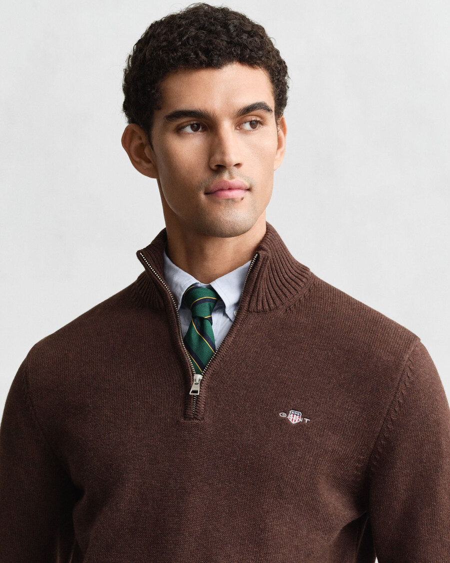 casual cotton halfzip sweater - brown melange
