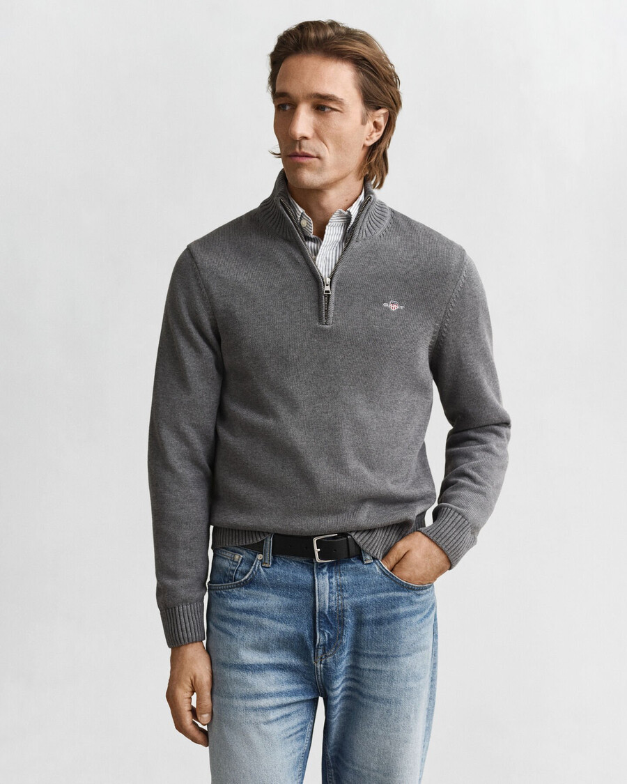 casual cotton halfzip sweater - dark grey melange