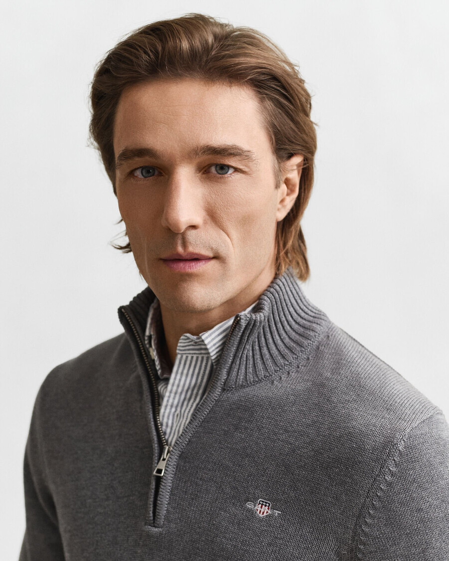 casual cotton halfzip sweater - dark grey melange
