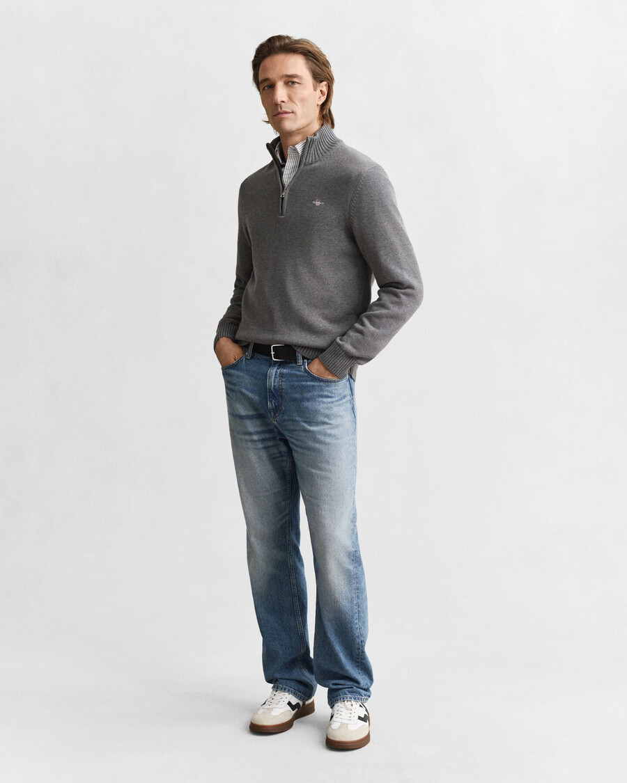 casual cotton halfzip sweater - dark grey melange