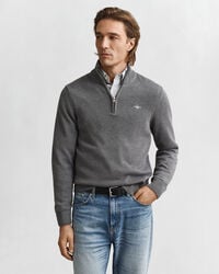 casual cotton halfzip sweater - dark grey melange