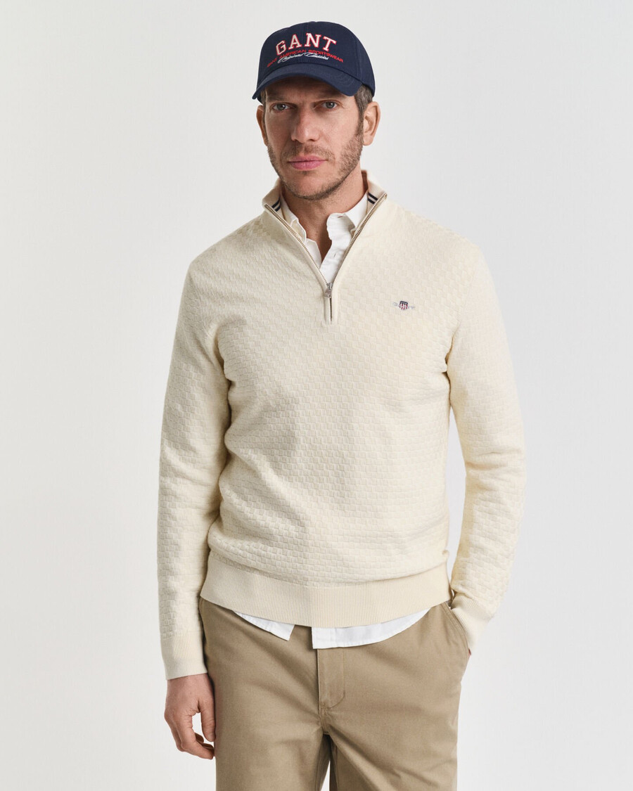 micro textured halfzip sweater - cream