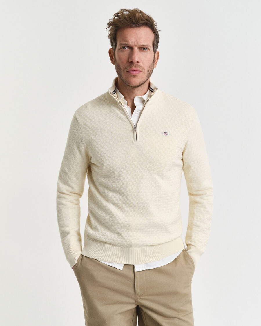 micro textured halfzip sweater - cream