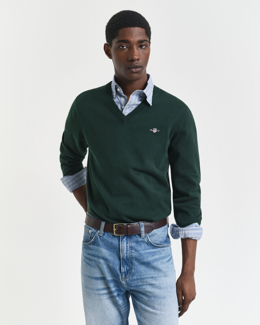 classic cotton vneck sweater - tartan green