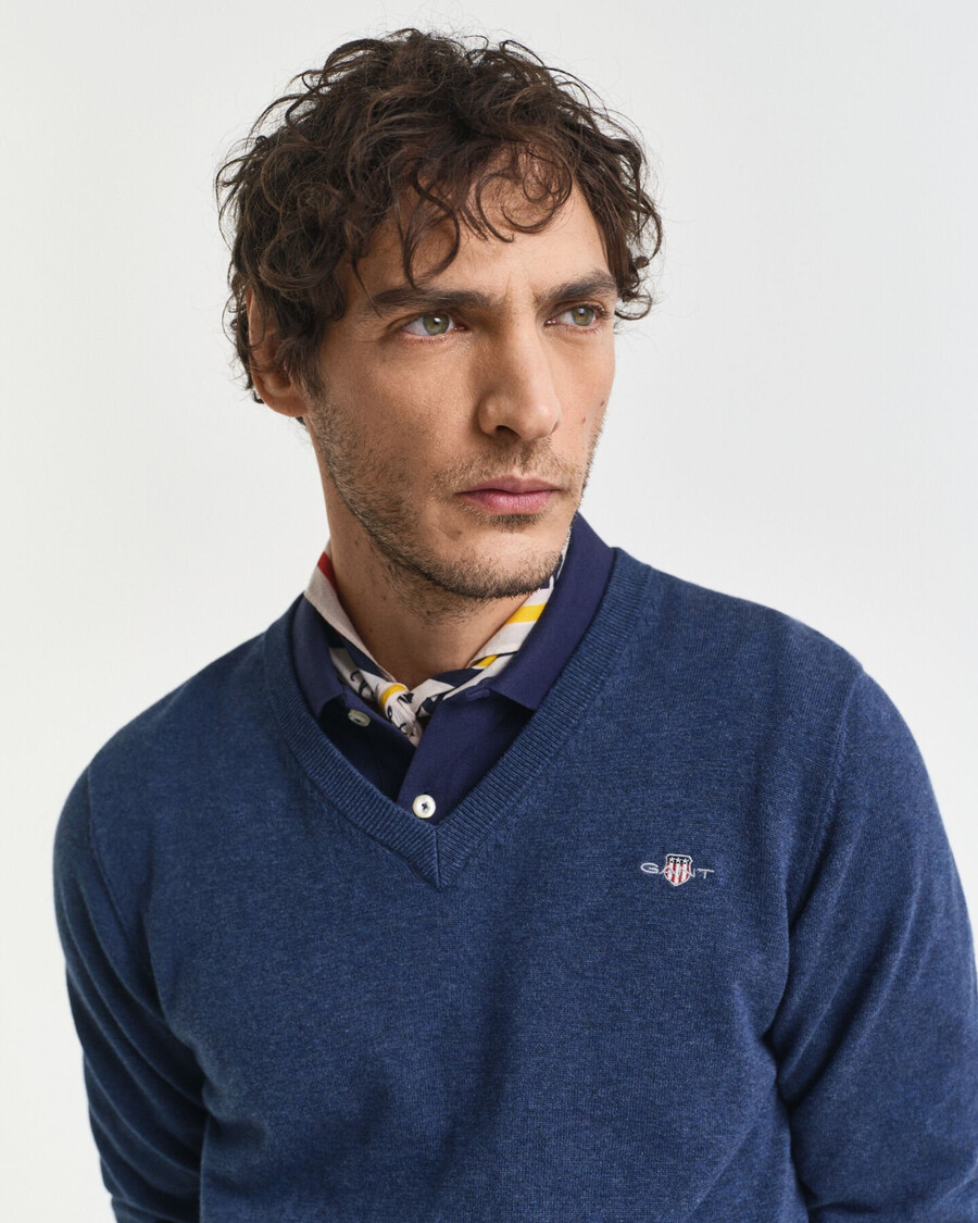 classic cotton vneck sweater - dk jeansblue melange