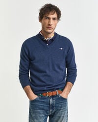 classic cotton vneck sweater - dk jeansblue melange