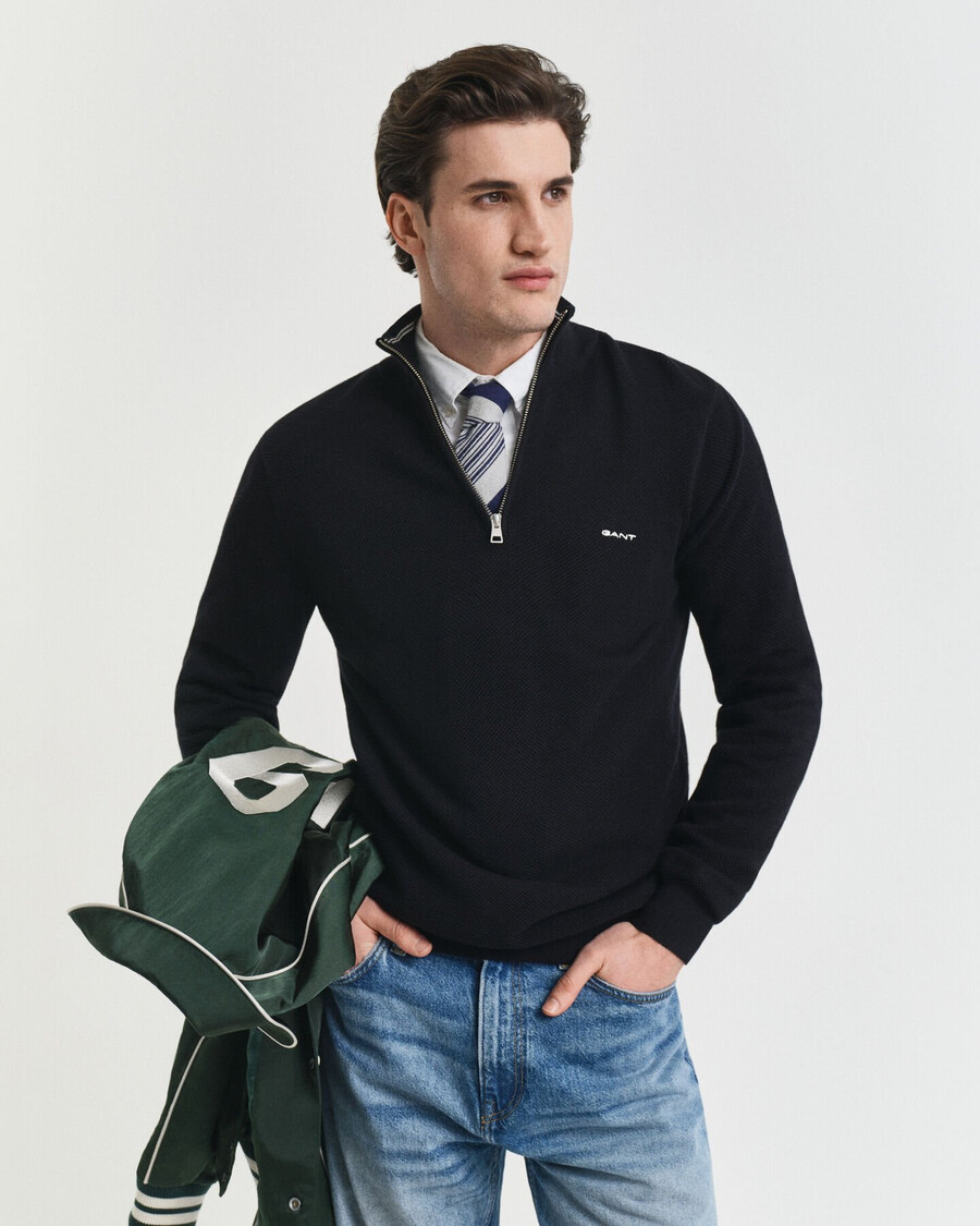 cotton piqué halfzip sweater - black