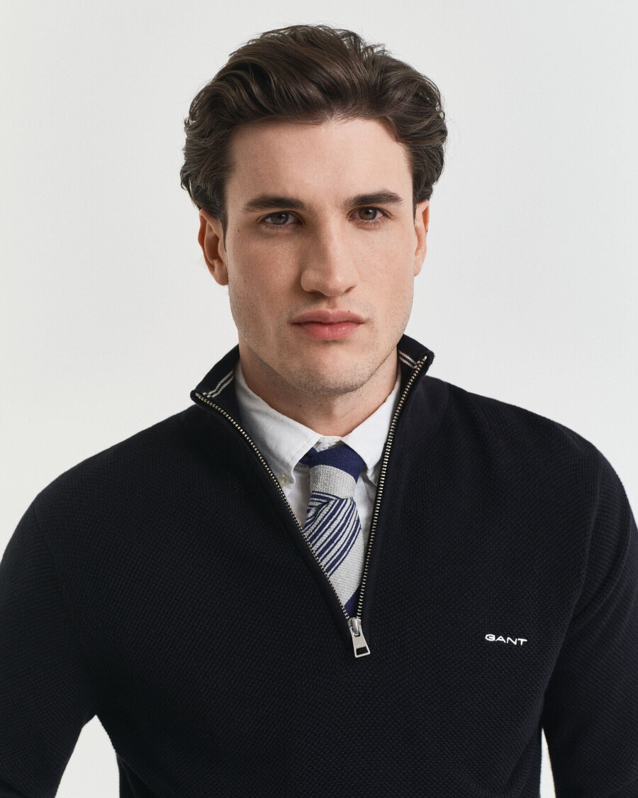 cotton piqué halfzip sweater - black