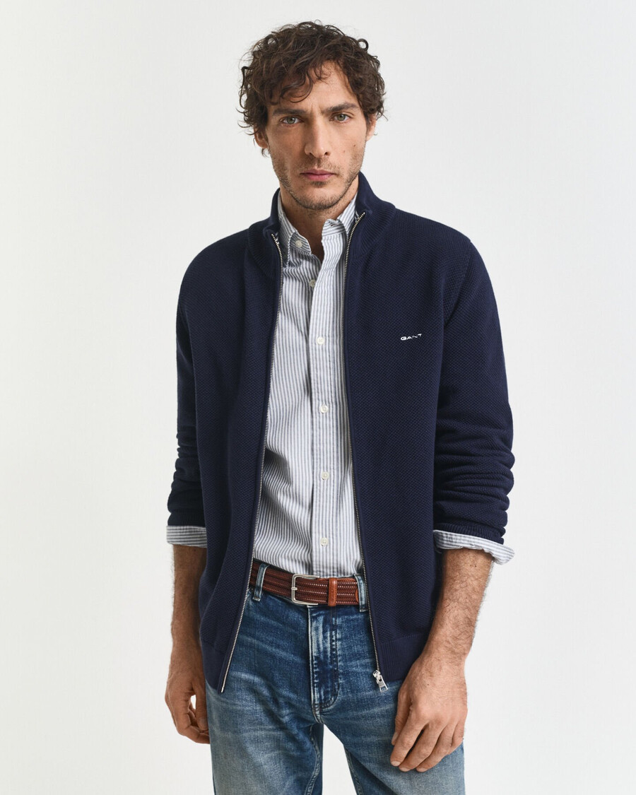 cotton piqué zip cardigan - evening blue