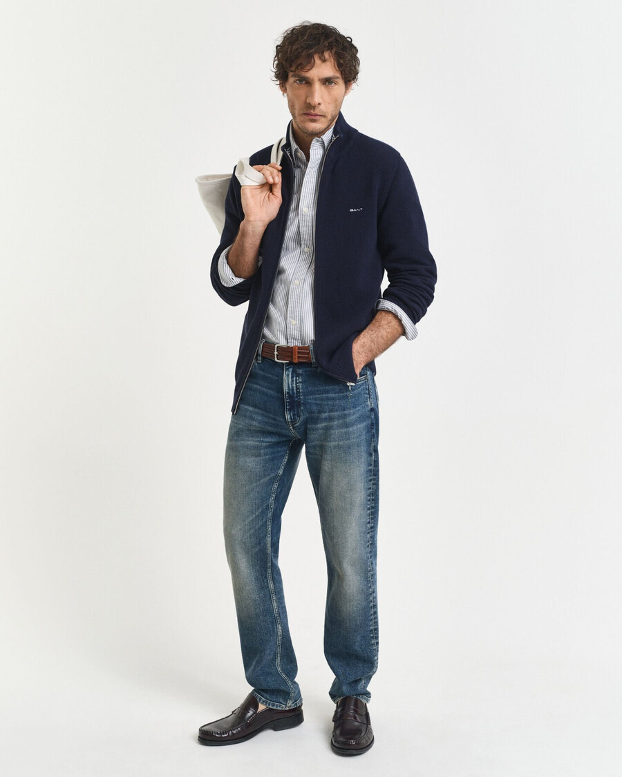 cotton piqué zip cardigan - evening blue