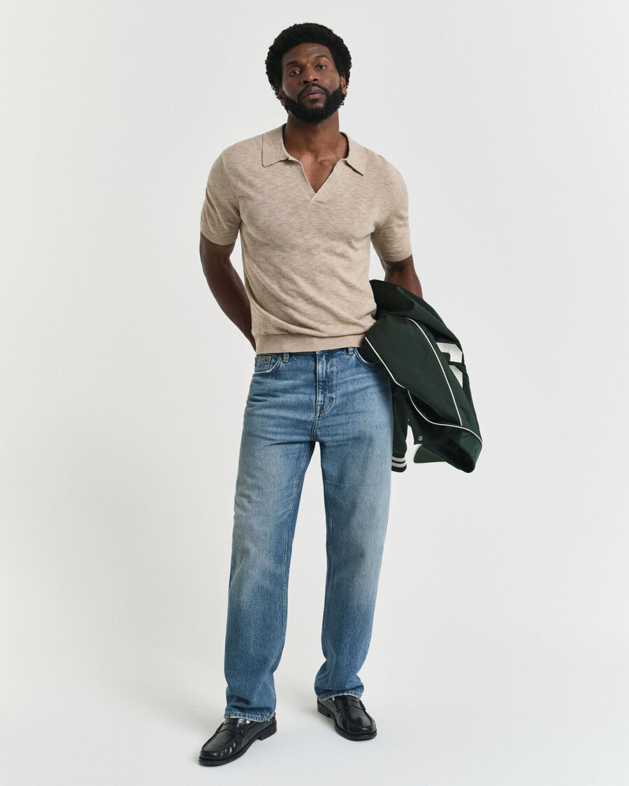 linen blend short sleeve polo sweater - dry sand