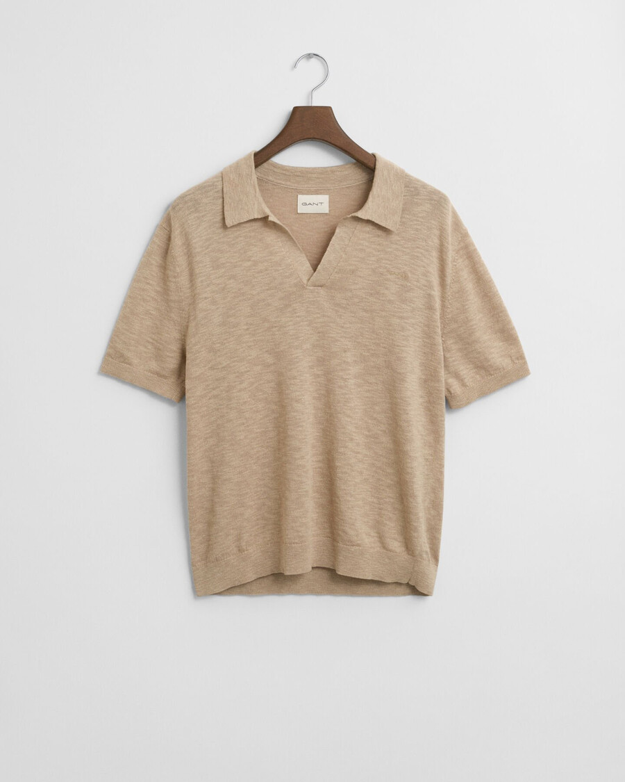 linen blend short sleeve polo sweater - dry sand