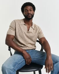 linen blend short sleeve polo sweater - dry sand