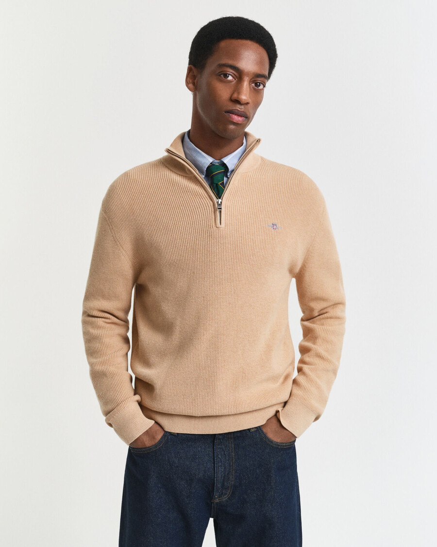 ribbed cotton merino wool halfzip sweater - khaki melange