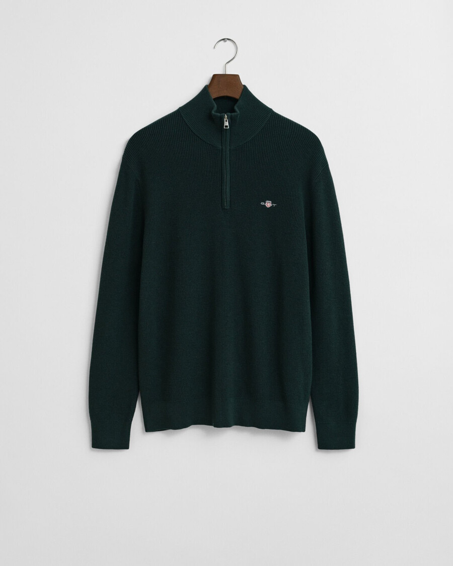 ribbed cotton merino wool halfzip sweater - tartan green