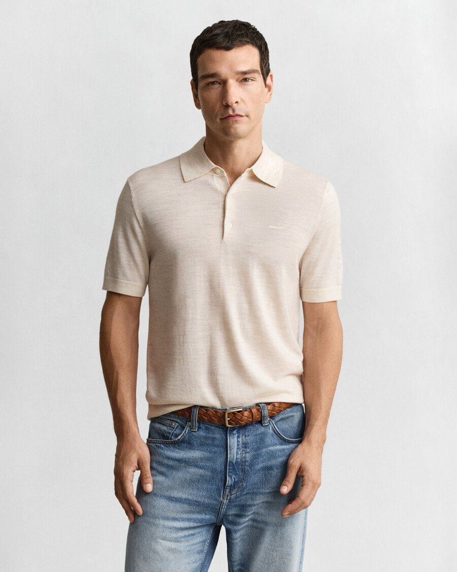 extra fine merino wool short sleeve polo sweater - seed melange