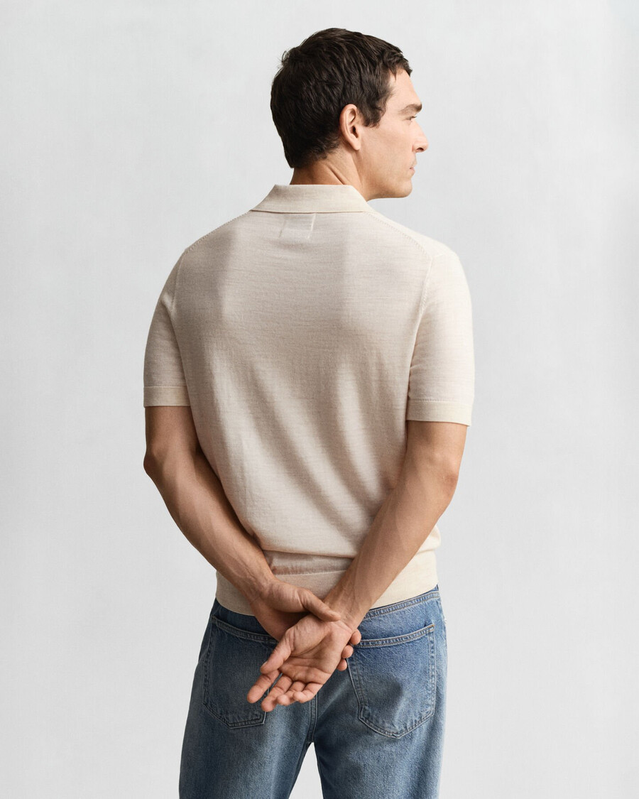 extra fine merino wool short sleeve polo sweater - seed melange