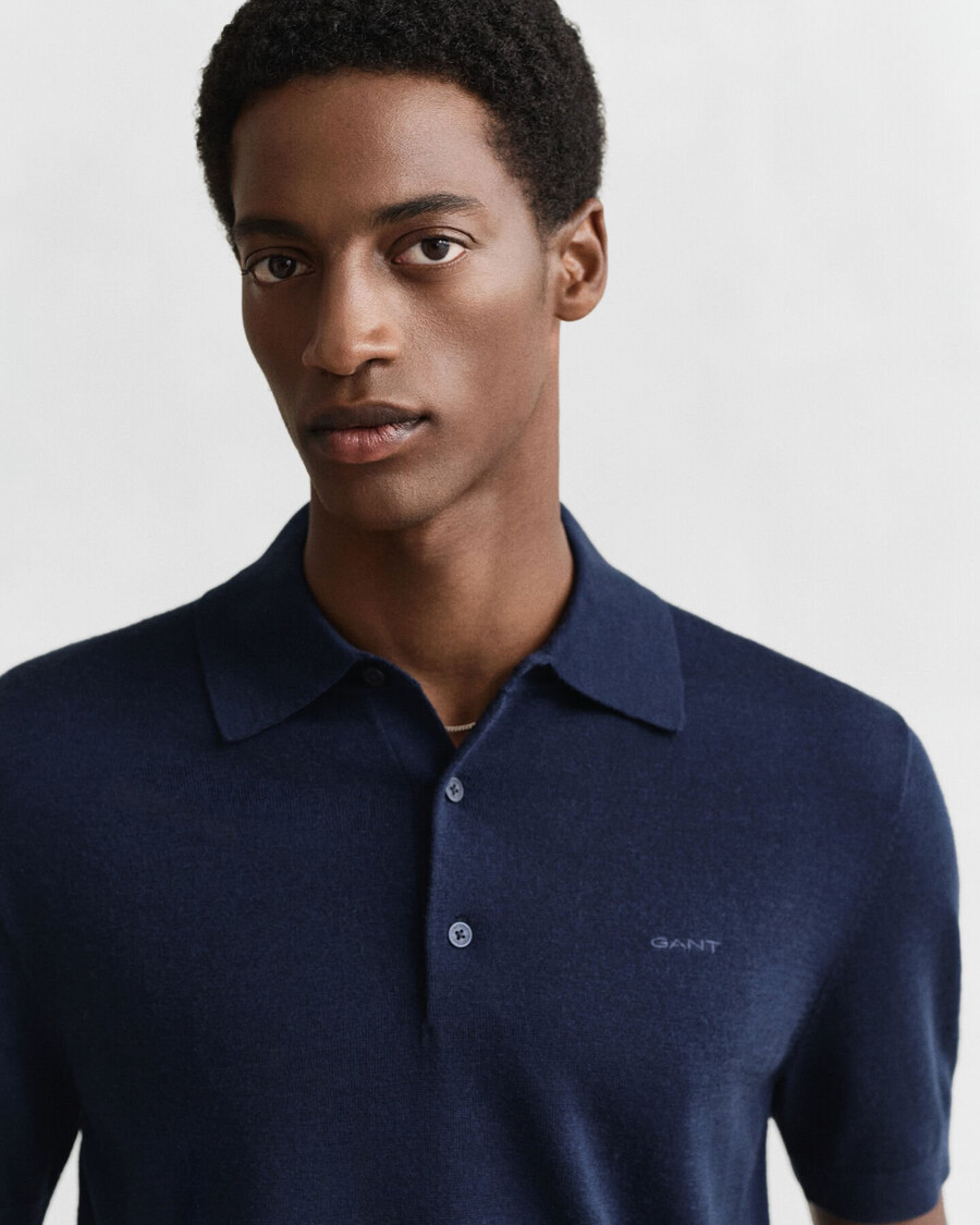 extra fine merino wool short sleeve polo sweater - marine