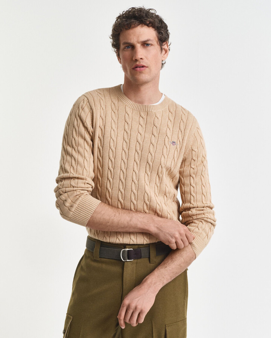 cotton cable knit crew neck sweater - khaki melange