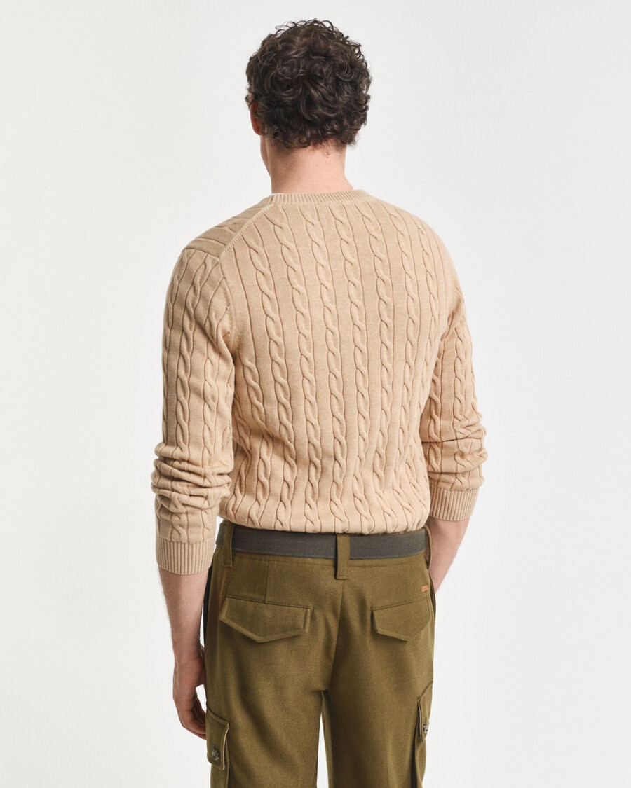 cotton cable knit crew neck sweater - khaki melange
