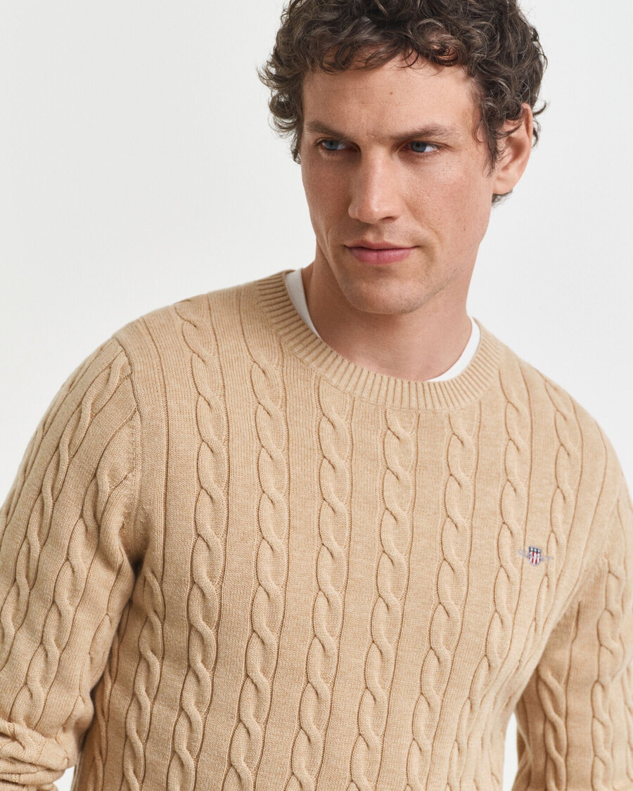 cotton cable knit crew neck sweater - khaki melange