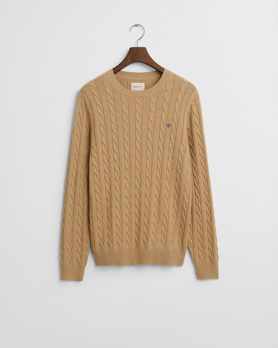 cotton cable knit crew neck sweater - khaki melange