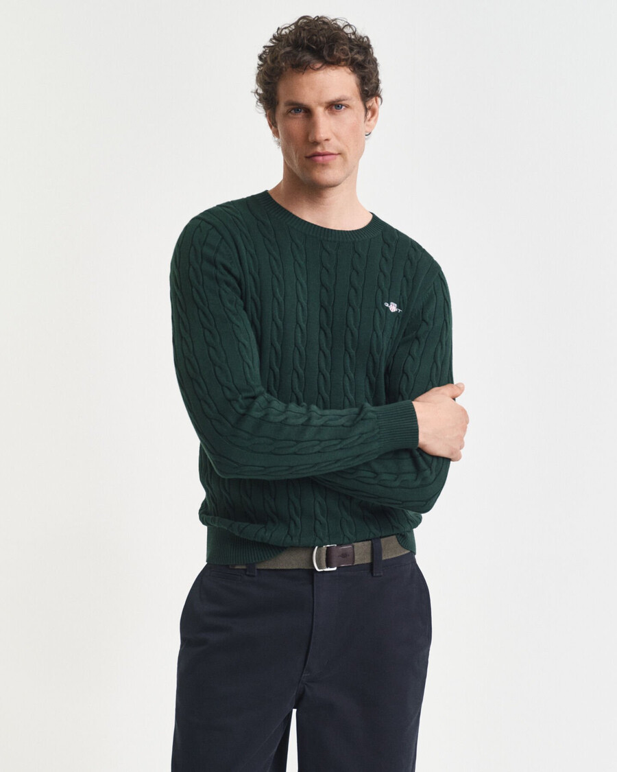 cotton cable knit crew neck sweater - tartan green