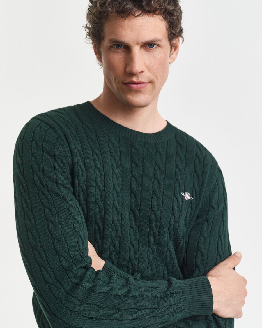 cotton cable knit crew neck sweater - tartan green