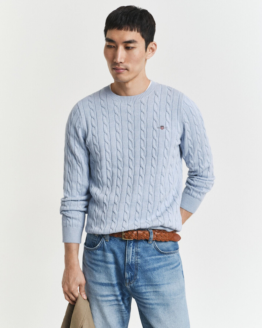 cotton cable knit crew neck sweater - ice blue melange