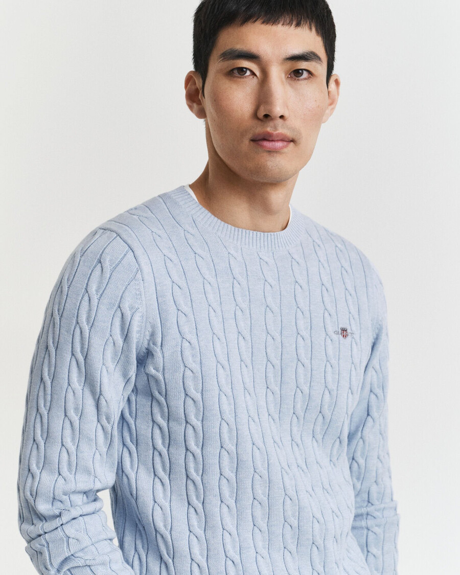 cotton cable knit crew neck sweater - ice blue melange