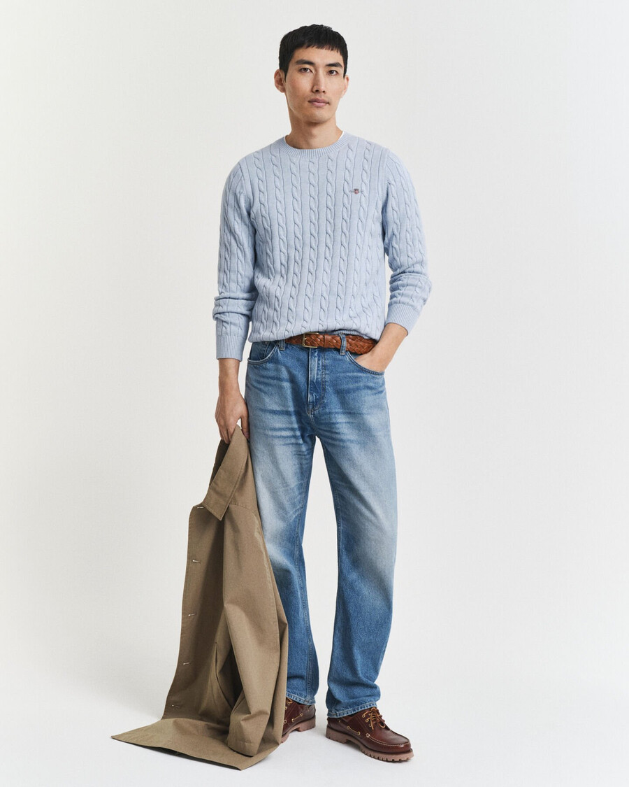 cotton cable knit crew neck sweater - ice blue melange
