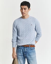 cotton cable knit crew neck sweater - ice blue melange
