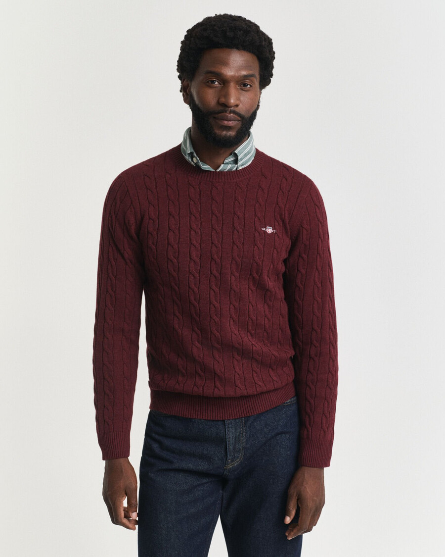 cotton cable knit crew neck sweater - bordeaux melange