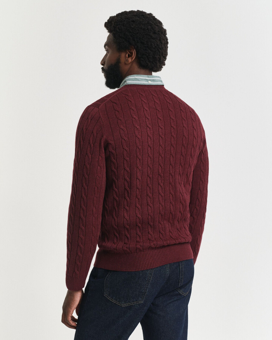 cotton cable knit crew neck sweater - bordeaux melange